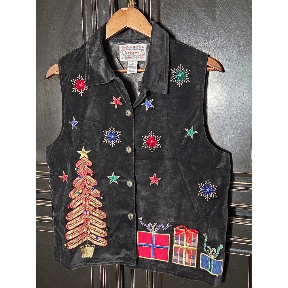 Vintage Tantrums Black Velvet Embellished Christmas Vest, Medium, Holiday